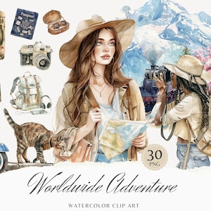 Aquarel wereldwijd avontuur clipart, illustraties wereldreiziger, reizen png-bundel, meisjesillustraties, commercieel gebruik, digitale stickers
