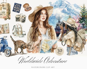 Watercolor Worldwide Adventure Clipart, World Traveller Clip Art, Travel PNG Bundle, Girls Illustrations, Commercial Use, Digital stickers