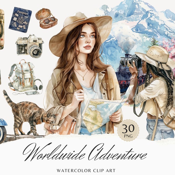 Aquarel Worldwide Adventure Clipart, World Traveler Clip Art, Travel PNG Bundle, Girls Illustrations, Commercieel Gebruik, Digitale stickers