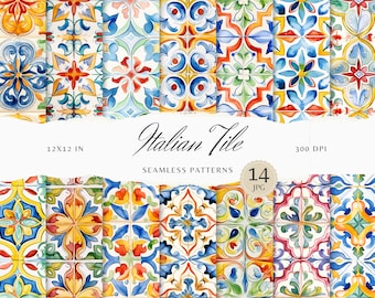 14 Italienische Fliesenmuster in Aquarellfarben, sich wiederholendes Muster JPEG, Digitalpapiere