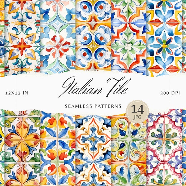 14 Seamless Watercolor Italian Tile Patterns, Mediterranean Digital Download JPEG Repeating Pattern, Digital Papers Infinite Scrapbook Paper