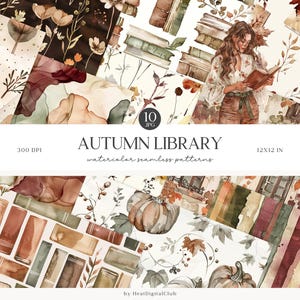 Motivi senza soluzione di continuità della biblioteca autunnale dell'acquerello, motivo autunnale neutro JPEG, floreale, strisce, download digitale, carta per album con motivo ripetuto