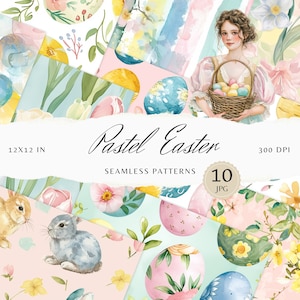 Puede incluir: Un conjunto de 10 patrones digitales de papel de Pascua pastel con ilustraciones de acuarela de huevos, conejos, flores y una niña que sostiene una cesta de huevos. Los patrones son de 12x12 pulgadas y 300 DPI.