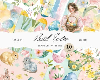May include: A set of 10 pastel Easter digital paper patterns featuring watercolor illustrations of eggs, bunnies, flowers, and a girl holding a basket of eggs. The patterns are 12x12 inches and 300 DPI.