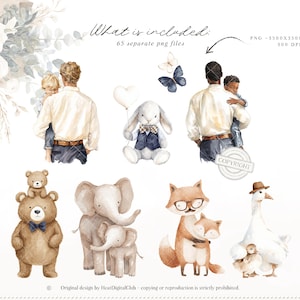 May include: Watercolor illustrations of fathers with children, along with various animal characters like a bunny, fox, bear, elephant, and goose. The image includes text that says "What is included: 65 separate png files."