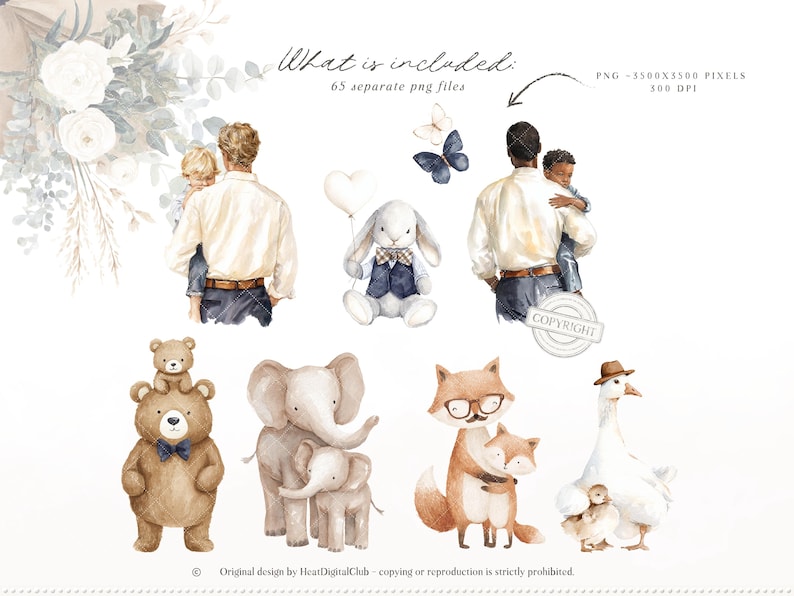 May include: Watercolor illustrations of fathers with children, along with various animal characters like a bunny, fox, bear, elephant, and goose. The image includes text that says "What is included: 65 separate png files."