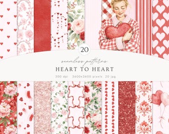 May include: A digital collection of 20 seamless patterns with a Valentine's Day theme. The patterns include hearts, roses, and a woman holding a heart. The colour palette is mainly red and pink, with white and green accents. The text reads "Heart to Heart".