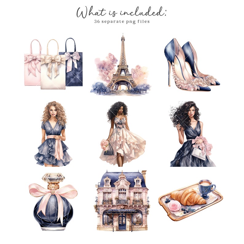 May include: A set of 36 digital illustrations featuring Parisian-themed elements, including a watercolor painting of the Eiffel Tower, a woman in a blue dress, a bottle of perfume, a Parisian building, and a croissant on a tray.
