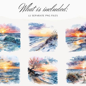 May include: A set of 12 watercolor paintings depicting various sunset scenes over the ocean. The paintings feature a variety of colors, including blue, green, orange, and pink. The paintings are perfect for adding a touch of nature to your home decor.