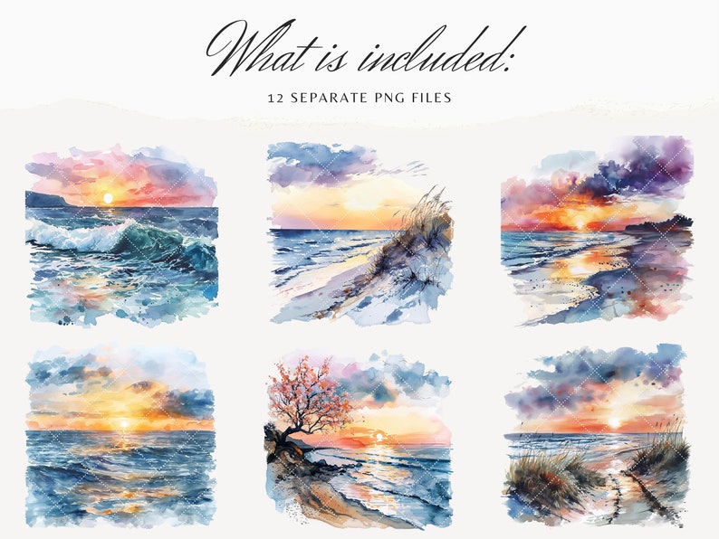 May include: A set of 12 watercolor paintings depicting various sunset scenes over the ocean. The paintings feature a variety of colors, including blue, green, orange, and pink. The paintings are perfect for adding a touch of nature to your home decor.