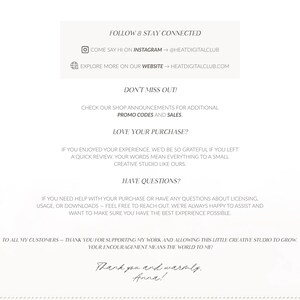 May include: Cream-colored graphic with text including "Follow & Stay Connected," Instagram and website addresses, and shop announcements. The text also includes a thank you message from Anna.