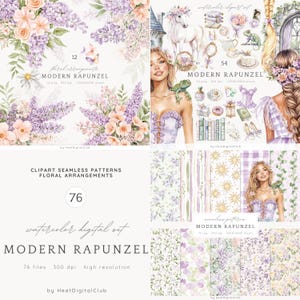 Aquarell Moderne Rapunzel Clipart, Cottagecore Clip Art, Fantasy PNG, Rapunzel ClipArt, Märchen PNG, digitale Aufkleber, kommerzielle Nutzung