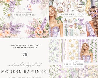Watercolor Modern Rapunzel Clipart, Cottagecore Clip Art, Fantasy PNG, Rapunzel clip art, Fairytale PNG, Digital Stickers, Commercial use