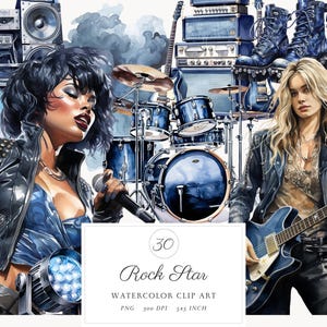 Aquarel rockster clipartbundel, rock-'n-roll muziek illustraties, heavy metal rock&roll, rock-'n-roll digitale afbeelding, commercieel gebruik