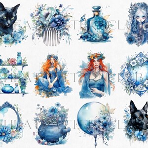 May include: A digital collage of watercolor illustrations featuring blue flowers, a black cat, a witch, a potion bottle, a crystal ball, a cauldron, and a dog. The illustrations are set against a white background.