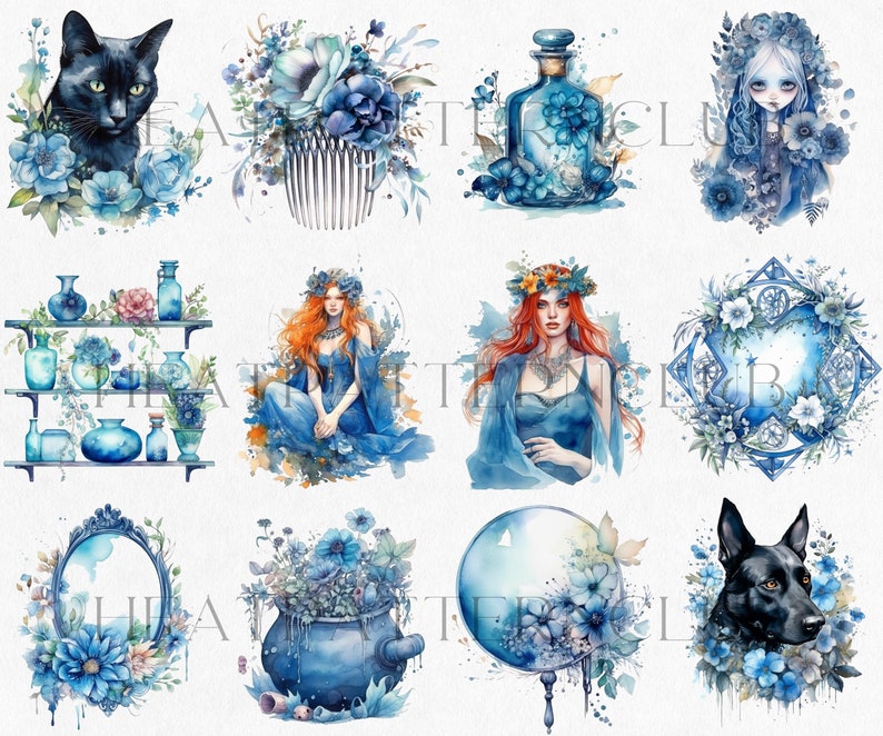 May include: A digital collage of watercolor illustrations featuring blue flowers, a black cat, a witch, a potion bottle, a crystal ball, a cauldron, and a dog. The illustrations are set against a white background.