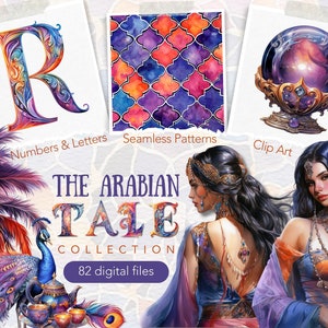 May include: A digital art collection called "The Arabian Tale" featuring 82 digital files. The collection includes a colorful letter R, a seamless pattern of colorful geometric shapes, a crystal ball, and two women in colorful clothing.