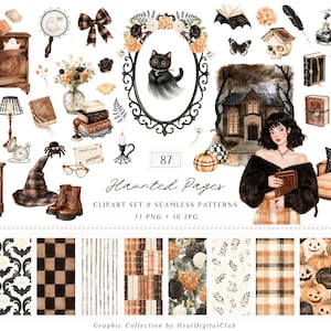 May include: A digital clipart collection titled Haunted Pages featuring watercolor illustrations of a black cat in an ornate frame, a person with dark hair, a wooden cabinet, bookshelves, books, a chair, pumpkins, a witch hat, and various seamless patterns.