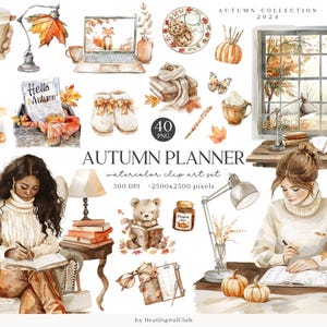 Acuarela Acogedor Otoño Planner Clipart, Boho Fall Planner Clip Art, Planner Girl PNG Bundle, Planificación, Uso Comercial, Pegatinas digitales