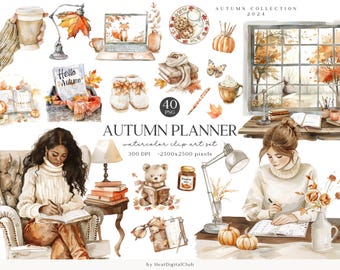 Watercolor Cozy Autumn Planner Clipart, Boho Fall Planner Clip Art, Planner Girl PNG Bundle, Planning, Commercial Use, Digital stickers