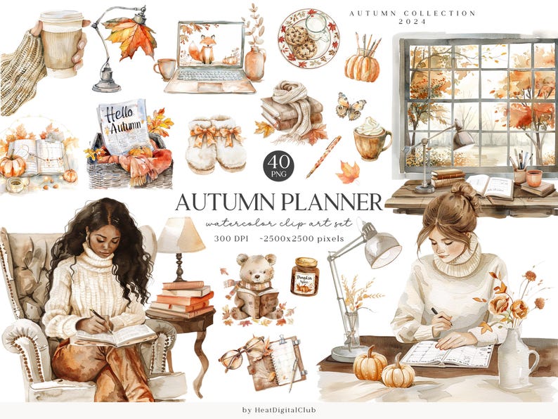 May include: A watercolor clip art set with the text "Autumn Planner" and illustrations of a woman reading a book, a woman writing in a journal, a teddy bear reading a book, a cup of coffee, a window with fall leaves, a lamp, a pumpkin, and a book with a bookmark.