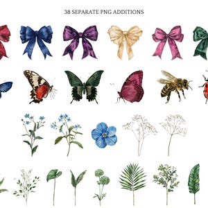 May include: A collection of watercolour illustrations featuring bows, butterflies, flowers, and insects. The image includes bows in various colours, detailed butterflies, and a ladybird. The text at the top reads "38 SEPARATE PNG ADDITIONS."