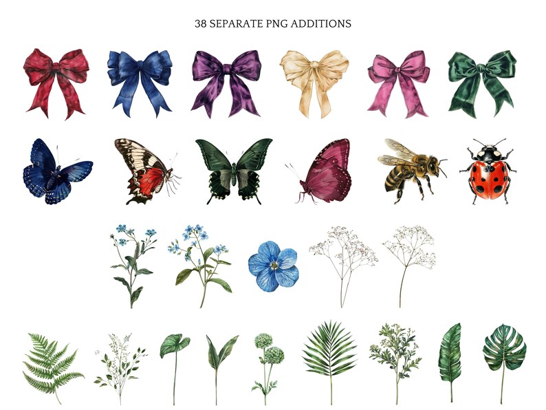 May include: A collection of watercolour illustrations featuring bows, butterflies, flowers, and insects. The image includes bows in various colours, detailed butterflies, and a ladybird. The text at the top reads "38 SEPARATE PNG ADDITIONS."