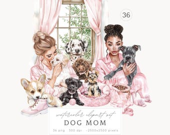 Watercolor Dog Mom Clipart Bundle, Puppy PNG Graphics (Digital Download)
