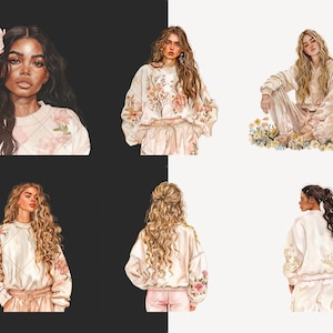 May include: Five digital illustrations of women wearing white sweatshirts with floral embroidery. The women have long, flowing hair and are depicted in various poses. The background is a split white and black.