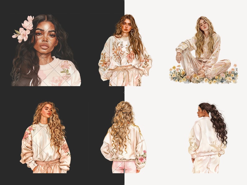 May include: Five digital illustrations of women wearing white sweatshirts with floral embroidery. The women have long, flowing hair and are depicted in various poses. The background is a split white and black.