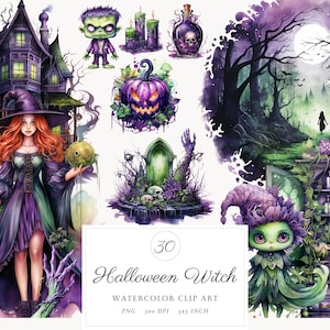 Aquarel Spooky Dark Halloween heks clipart bundel PNG, hekserij illustraties, Fantasy heidense enge magische verhalenboek, digitale download