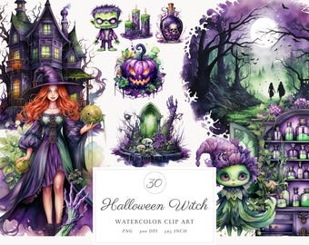 Könnte beinhalten: Ein Set mit 30 Aquarell-Clipart-Bildern zum Thema Halloween-Hexe. Die Bilder beinhalten eine Hexe, ein Spukhaus, einen Kürbis, einen Friedhof, eine Zaubertrankflasche, eine Waldszene und eine gruselige Kreatur. Die Bilder sind perfekt zum Erstellen von Halloween-bastelarbeiten, Karten und Dekorationen.