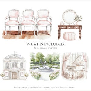 May include: A watercolor illustration set featuring a variety of elements, including a vintage vanity with a mirror, three chairs, a fountain, a building, and a grand piano. The set is perfect for creating wedding invitations, stationery, or other projects.