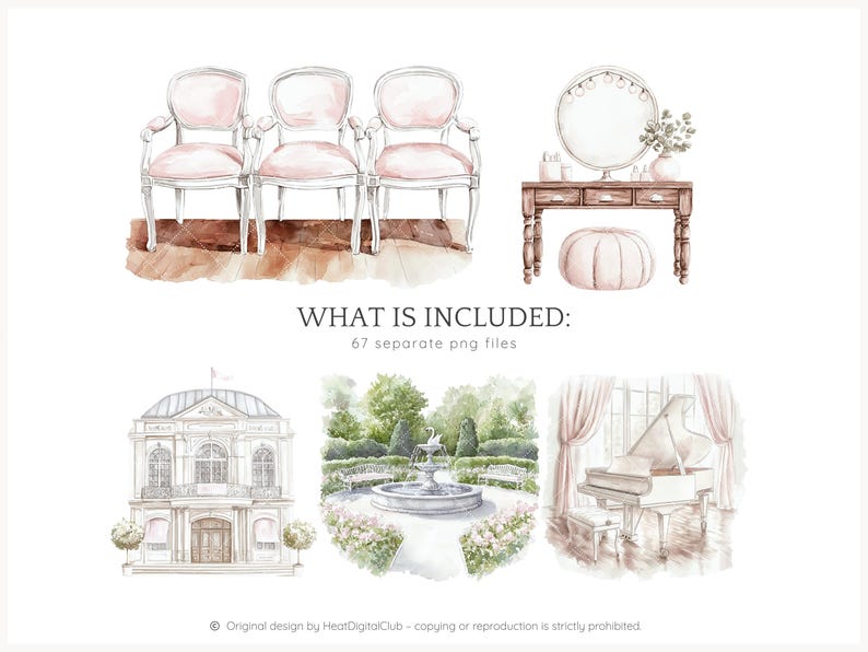 May include: A watercolor illustration set featuring a variety of elements, including a vintage vanity with a mirror, three chairs, a fountain, a building, and a grand piano. The set is perfect for creating wedding invitations, stationery, or other projects.