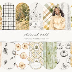Puede incluir: Una colección de patrones sin costuras en acuarela con temática otoñal. Los diseños incluyen hojas, cuadros, una mujer con un suéter, calabazas y texturas de madera. También se ve el texto "Beloved Fall" y "Seamless Patterns / 14 JPG".