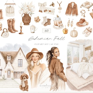 May include: A watercolour clipart set labelled "Bohemian Fall" with autumnal illustrations. It includes a house, women, a dog, clothing, accessories, and decorative items in warm, earthy tones. The set contains 60 PNG images.