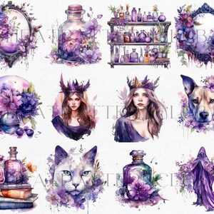 May include: A set of 10 watercolor illustrations featuring purple flowers, bottles, a cat, a dog, a woman with a crown, and a hooded figure. The illustrations are in a whimsical style and would be perfect for use in scrapbooking, card making, or other creative projects.