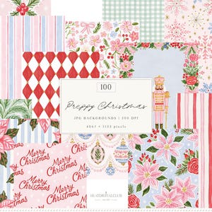 100 preppy julbakgrunder, digitalt julpaket, scrapbookingpapper för högtider, blommiga botaniska rutiga ränder JPG | Digital nedladdning