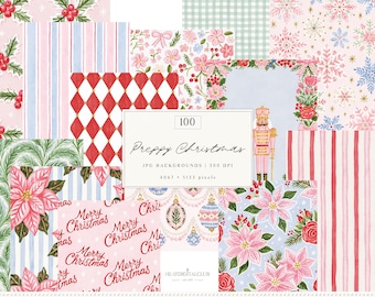 100 Preppy Christmas Backgrounds, Christmas Digital Bundle, Holiday Scrapbook Paper,  Floral Botanical Plaid Stripes JPG | Digital Download