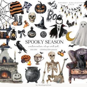 Aquarell Halloween Clipart Bundle, Gruselige Saison Clip Art, Schwarze Katze, Kürbis, Niedliche Herbst Halloween PNG, Halloween Dekoration, Geist, Mumie