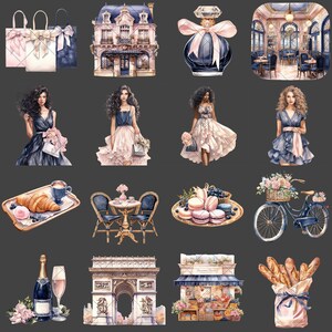 May include: A collection of digital illustrations featuring Parisian themes, including a cafe, a woman in a blue dress, a bicycle with a basket of flowers, and a bottle of champagne.