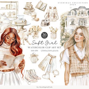 Bundle de cliparts fille douce aquarelle, clipart cosy Cottagecore, belles filles PNG, téléchargement numérique autocollants, usage Commercial