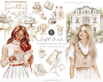 Watercolor Soft Girl Clipart Bundle, Cottagecore Cozy Clip art,  Beautiful Girls PNG, Digital Download Stickers, Commercial Use