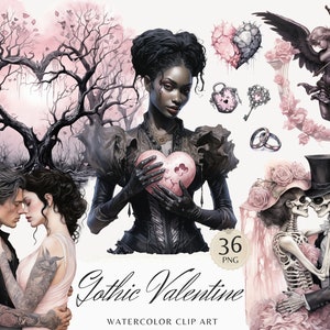 Bundle de cliparts aquarelle gothique Saint-Valentin, Saint-Valentin Clip Art PNG, romantique, amour des cliparts, téléchargement numérique autocollants, usage Commercial