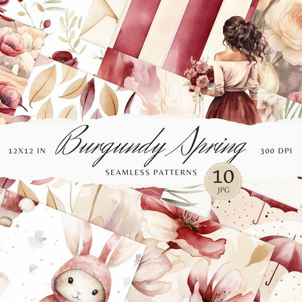 Watercolor Burgundy Spring Seamless Patterns, Floral Pattern JPEG, Cute Bunny Digital Download, Stripes Repeating pattern, Scrapbook Paper