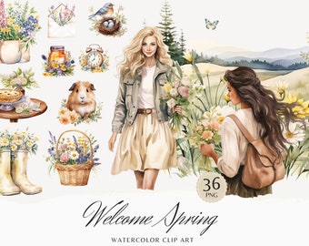 Watercolor Welcome Spring Clipart, Cozy Spring Clip Art, Floral graphics, Cute Spring, flowers, seasonal, watercolor girl, digital stickers