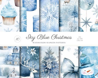 May include: Ten watercolor seamless patterns in icy blue tones featuring winter holiday themes.  The patterns include snowflakes, candles, cupcakes, a deer, a Christmas tree, a snowman, a bow, and a winter village.