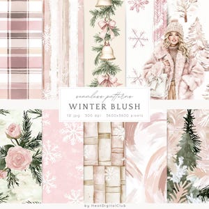 Puede incluir: Una colección de patrones sin costuras con un tema de rubor invernal. Los patrones incluyen cuadros, rayas, copos de nieve, arreglos florales e ilustraciones de campanas y una mujer con un abrigo rosa. El texto de la imagen dice "seamless patterns WINTER BLUSH".