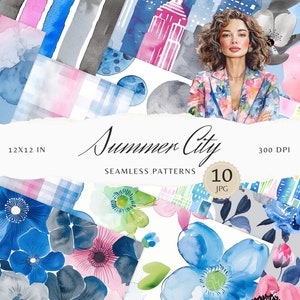 Aquarell Sommer Stadt Musterdesign, Floral Sommer Muster JPEG, Streifen Digital Download, sich wiederholendes Muster, Scrapbook Papier