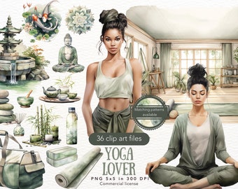 Watercolor Yoga Lover Clipart Bundle, Meditation Clip Art, Self Care PNG, Relaxation, Fitness  Digital Download Stickers, Commercial Use